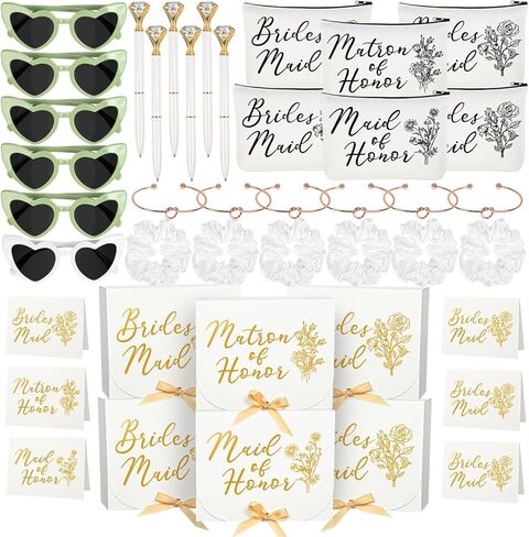 42 Pcs Bridesmaid Proposal Gifts, Maid of Honor Gift, Bridesmaid Proposal Box Invited Cards Makeup Bags Knot Bracelets Hair Scrunchies Diamond Pens Heart Sunglasses for Wedding Bridesmaid Gifts (White) in Kuwait