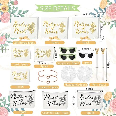 42 Pcs Bridesmaid Proposal Gifts, Maid of Honor Gift, Bridesmaid Proposal Box Invited Cards Makeup Bags Knot Bracelets Hair Scrunchies Diamond Pens Heart Sunglasses for Wedding Bridesmaid Gifts (White) in Kuwait