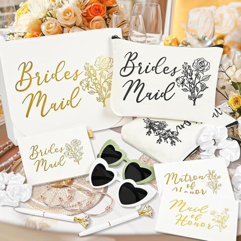 42 Pcs Bridesmaid Proposal Gifts, Maid of Honor Gift, Bridesmaid Proposal Box Invited Cards Makeup Bags Knot Bracelets Hair Scrunchies Diamond Pens Heart Sunglasses for Wedding Bridesmaid Gifts (White) in Kuwait