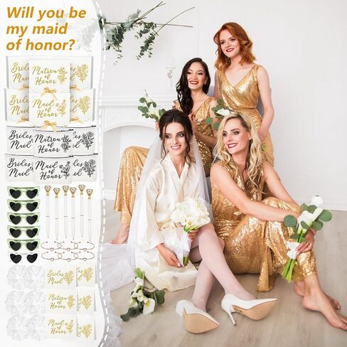 42 Pcs Bridesmaid Proposal Gifts, Maid of Honor Gift, Bridesmaid Proposal Box Invited Cards Makeup Bags Knot Bracelets Hair Scrunchies Diamond Pens Heart Sunglasses for Wedding Bridesmaid Gifts (White) in Kuwait