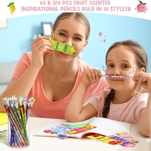 Ctosree 60 Sets Inspirational Scented Pencils and Bookmark Sets Fruit Scented Graphite Pencils Bulk Scratch and Sniff Book Marks Motivational Gifts for Kids Students Classroom Prizes Party Favors in Saudi Arabia
