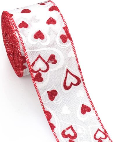 Valentines Fabric Ribbons, Red Glitter Love Heart Edge Wired Burlap Ribbon for Valentine's Day Hanging Wrapping Party Gift Decoration Indoor Outdoor Tree Crafts Supplies (2.5 Inch * 10 Yards * 1 Roll) in Kuwait