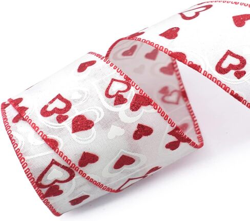 Valentines Fabric Ribbons, Red Glitter Love Heart Edge Wired Burlap Ribbon for Valentine's Day Hanging Wrapping Party Gift Decoration Indoor Outdoor Tree Crafts Supplies (2.5 Inch * 10 Yards * 1 Roll) in Kuwait