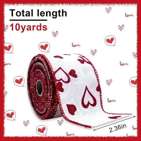Valentines Fabric Ribbons, Red Glitter Love Heart Edge Wired Burlap Ribbon for Valentine's Day Hanging Wrapping Party Gift Decoration Indoor Outdoor Tree Crafts Supplies (2.5 Inch * 10 Yards * 1 Roll) in Kuwait