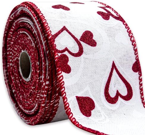 Valentines Fabric Ribbons, Red Glitter Love Heart Edge Wired Burlap Ribbon for Valentine's Day Hanging Wrapping Party Gift Decoration Indoor Outdoor Tree Crafts Supplies (2.5 Inch * 10 Yards * 1 Roll) in Kuwait
