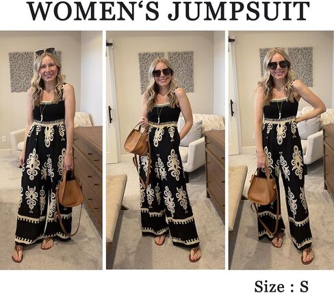 Bsubseach Womens Boho Casual Jumpsuits Retro Print One Piece Overalls Sleeveless Wide Leg Long Pant Rompers with Pockets in Kuwait