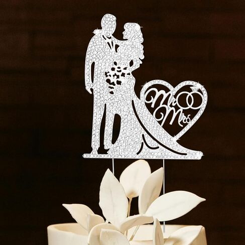 Wedding Cake Topper Rhinestone Metal Mr and Mrs Cake Topper Crystal Wedding Cake Decorations Bride and Groom Bridal Shower Theme Anniversary Party Silver Cake Topper in Kuwait