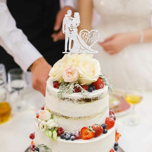 Wedding Cake Topper Rhinestone Metal Mr and Mrs Cake Topper Crystal Wedding Cake Decorations Bride and Groom Bridal Shower Theme Anniversary Party Silver Cake Topper in Kuwait