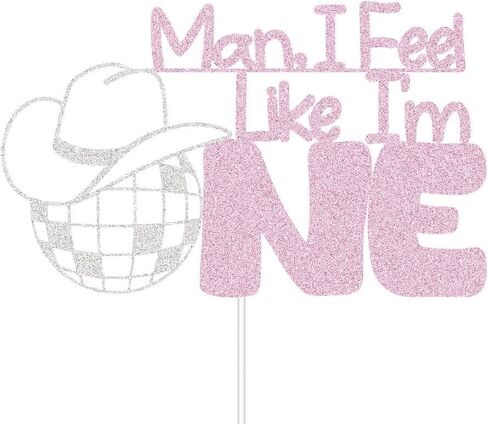 ديسكو رعاة البقر رعاة البقر 1 كعكة عيد ميلاد العاصفة ، زخارف حفلة عيد ميلاد سنة واحدة من الوردي والفضة اللمعان (رجل أشعر أنني واحد) in Kuwait