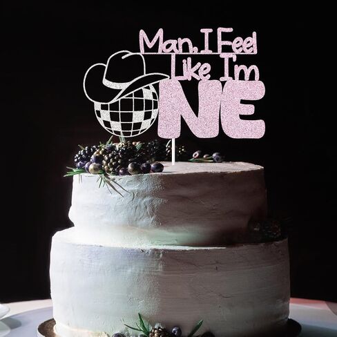 ديسكو رعاة البقر رعاة البقر 1 كعكة عيد ميلاد العاصفة ، زخارف حفلة عيد ميلاد سنة واحدة من الوردي والفضة اللمعان (رجل أشعر أنني واحد) in Kuwait