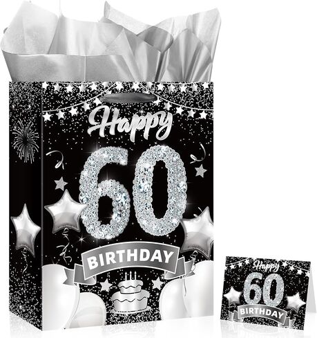 Rumia Black Silver 60th Birthday Gift Bag with Greeting Card, Tissue Paper and Handles for 60th Birthday Party Decorations in Saudi Arabia