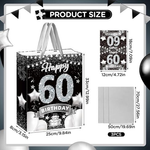 Rumia Black Silver 60th Birthday Gift Bag with Greeting Card, Tissue Paper and Handles for 60th Birthday Party Decorations in Saudi Arabia