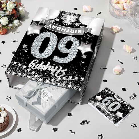 Rumia Black Silver 60th Birthday Gift Bag with Greeting Card, Tissue Paper and Handles for 60th Birthday Party Decorations in Saudi Arabia