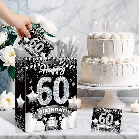 Rumia Black Silver 60th Birthday Gift Bag with Greeting Card, Tissue Paper and Handles for 60th Birthday Party Decorations in Saudi Arabia