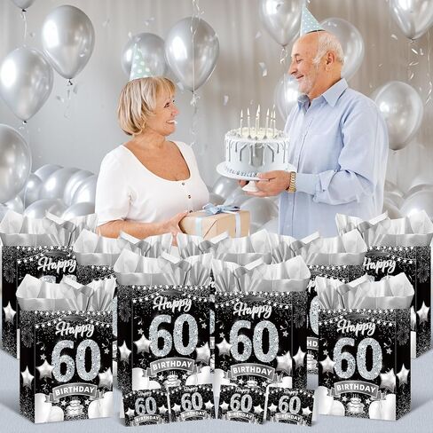 Rumia Black Silver 60th Birthday Gift Bag with Greeting Card, Tissue Paper and Handles for 60th Birthday Party Decorations in Saudi Arabia