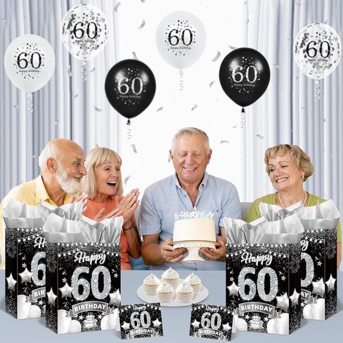 Rumia Black Silver 60th Birthday Gift Bag with Greeting Card, Tissue Paper and Handles for 60th Birthday Party Decorations in Saudi Arabia