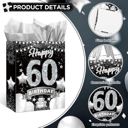 Rumia Black Silver 60th Birthday Gift Bag with Greeting Card, Tissue Paper and Handles for 60th Birthday Party Decorations in Saudi Arabia