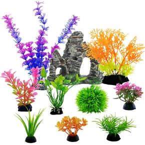 Aquarium Rockery Cave Decor with 9 PCS Artificial Water Plants, Fish Tank Shrimp Betta Cichlids Goldfish Hide Cave, Small to Large Tank Fish Bowl Landscape Scenery