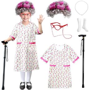 Kids 100 Days of School Costume - Old Lady Costume Dress with Granny Curly Wig Cane & Other Accessories for Girls