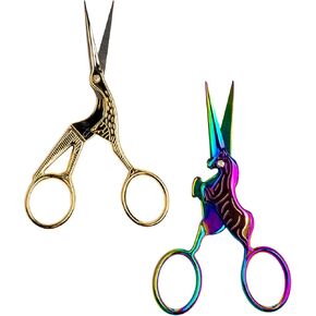 SINGER 4 Inch Forged Embroidery Scissors for Sewing, Cross-Stitching, Crafts, & More (Gold Stork & Spectrum Finish Unicorn Designs, 2-Pack)