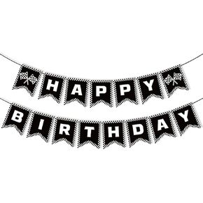 Race Car Happy Birthday Banner Race Car Birthday Party Decorations Black and White Checkered Flag Banner Racing Themed Checkered Flag Party Supplies for Boys
