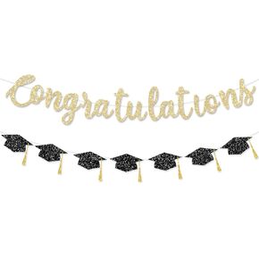 Pre Strung Congratulations Banner Graduation Decorations Class of 2025 Gold Glitter Congrats Grad with Tassel Party Decor College High School Favors Black NO DIY