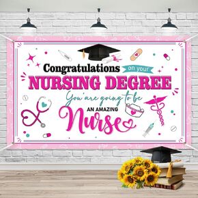 Lofaris Nursing Graduation Banner - 70.8x43.3 Inch Pink and White Banner Congratulations on Your Nursing Degree Perfect for Nursing Graduation Party Fun and Inspirational Design
