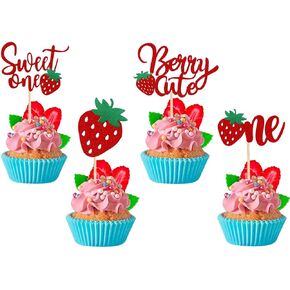24 Pcs Strawberry Cupcake Toppers, Glitter Berry First Birthday Cupcake Toppers Sweet Strawberry Cupcake Picks for Fruit Baby Shower 1st Birthday Cake Decoration Supplies