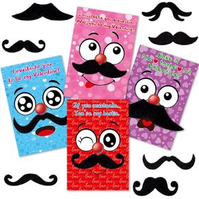 Valentine’s Cards with Funny Mustaches and Envelopes for Kids Classroom Party Favors 28 Pack