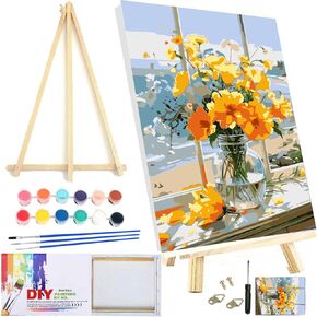 Kichang Flower Framed Paint حسب الرقم للبالغين من القماش ، طلاء DIY بواسطة أرقام أرقام للفنون الفنية للحرف المبتدئين للبالغين مع فرشين للطلاء ، مجموعة طلاء أكريليك لديكور الجدار المنزلي-8x12in
