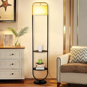 beaysyty Modern Elegant with Double Tray Floor Lamp for Office Cafe Den Living Room Bedroom,Foot Switch and Black Finish,Beige Cloth Lampshade Arc Floor Lamp