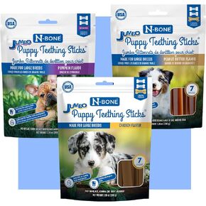 N-Bone Puppy Teething Sticks Jumbo 7 Count Bag Variety Pack, Chicken & Peanut Butter & Pumpkin Flavor, Total 3 Bags, 21.86-oz, 21 Sticks
