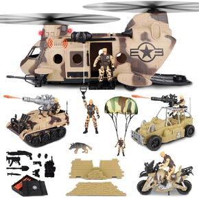 deAO Military Toys with Helicopter, Army Tank, Soldier Action Figures, Army Base Playset for Boys