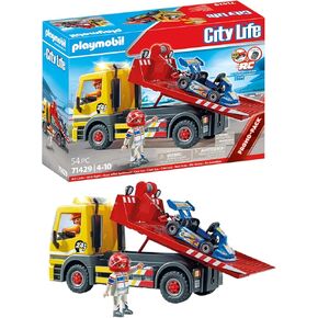 Playmobil Tow Truck Toy Playset - Towing Service - 54 Piece Bundle Includes Truck Driver and Racer Figures Along with Go Kart - Working Ramp with Flashing Lights and Retractable Winch