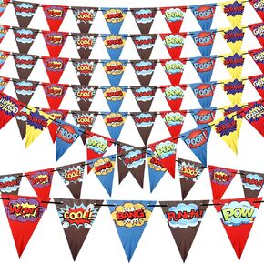 4 Pcs Hero Birthday Party Banner Decorations Hero Paper Pennant Banner Garland Decor for Kids Boys Birthday Party Supplies Baby Shower Wall Decoration