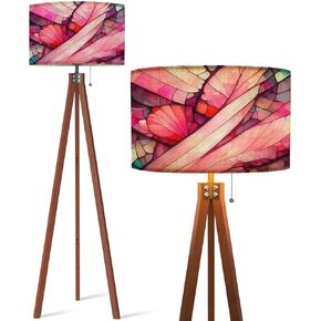 Wood Tripod Floor Lamp Stained Glass Seamless Texture Leaf for Window Colored Glass Modern Standing Lamp Linen Lampshade Dimmable Tall Lamp Mid Century Floor Lamp for Living Room Bedroom