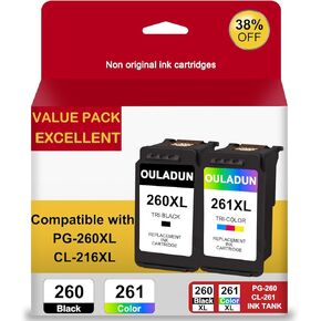PG-260 XL/CLI-261 XL Ink Value Pack Replacement for Canon 260 261 PG-260XL CL-261XL Work for TR7020 TR7020a TR7022 TS6420 TS6400 TS5300 TS5320 TS6420a (1 Black, 1 Color)