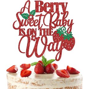 A Berry Sweet Baby is on the Way Cake Topper, Strewberry Themed Newborn/Pregnancy Announcement/Gender Reveal/Baby Shower Party Decorations Supplies, Red Glitter