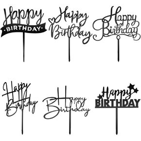 6 Pcs Black Cake Topper Black Happy Birthday Sign for Cake Decorations Acrylic Cake Toppers Happy Birthday Letters for Cake Personalized Black Cupcake Toppers Black Cake Inserts Cake Decor Supplies