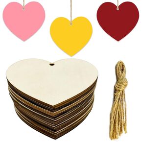 30 Pcs 4 Inch Unfinished Heart Wood Cut Out Heart Wood DIY Crafts Cutouts Blank Wooden Heart Shaped Hanging Ornaments with Natural Twine for Valentine's Day Wedding Birthday Party Decor
