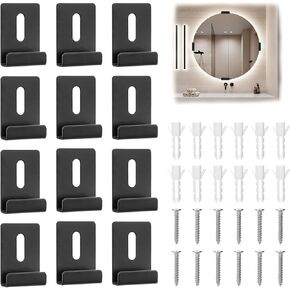 12 Pack Metal Mirror Clips for Wall Mounting, Wide Channel Mirror Hanging Hardware Kit, Heavy Duty Mirror Holder Clips with Screws, Mirror Brackets for Wall Mounting Frameless Mirror Billboard (Black)