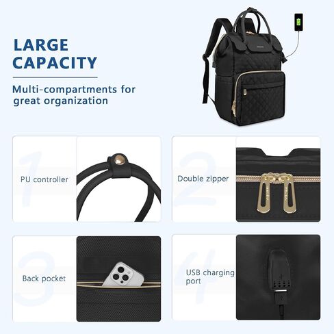 MOSISO Laptop Backpack for Women Men, 15-15.6 inch Rhombus Quilted Flight Approved Travel Backpack with PU Handle, 16 inch Carry on Daypack with USB Port for College Work Business, Black in Kuwait