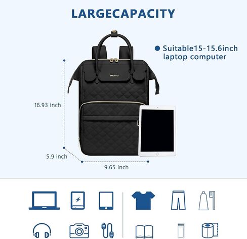 MOSISO Laptop Backpack for Women Men, 15-15.6 inch Rhombus Quilted Flight Approved Travel Backpack with PU Handle, 16 inch Carry on Daypack with USB Port for College Work Business, Black in Kuwait