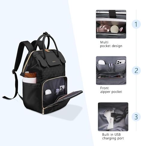 MOSISO Laptop Backpack for Women Men, 15-15.6 inch Rhombus Quilted Flight Approved Travel Backpack with PU Handle, 16 inch Carry on Daypack with USB Port for College Work Business, Black in Kuwait