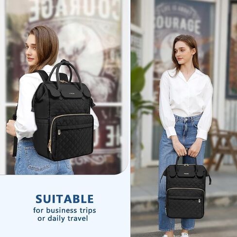 MOSISO Laptop Backpack for Women Men, 15-15.6 inch Rhombus Quilted Flight Approved Travel Backpack with PU Handle, 16 inch Carry on Daypack with USB Port for College Work Business, Black in Kuwait