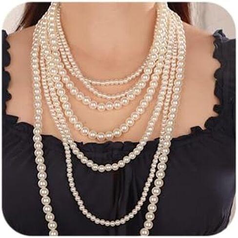 Octwine Boho 7 Layer Pearl Statement Necklace Vintage Pearl Earrings 1920s Pearl Necklace Bridal Wedding Jewelry Shiny Bar Party Prom Accessories for Women and Girls in Kuwait