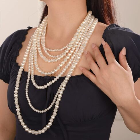 Octwine Boho 7 Layer Pearl Statement Necklace Vintage Pearl Earrings 1920s Pearl Necklace Bridal Wedding Jewelry Shiny Bar Party Prom Accessories for Women and Girls in Kuwait