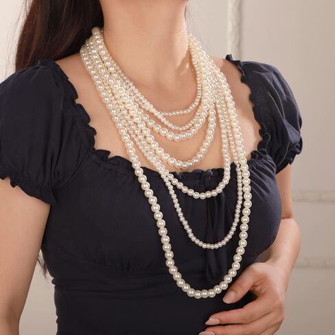 Octwine Boho 7 Layer Pearl Statement Necklace Vintage Pearl Earrings 1920s Pearl Necklace Bridal Wedding Jewelry Shiny Bar Party Prom Accessories for Women and Girls in Kuwait