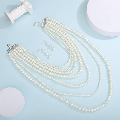 Octwine Boho 7 Layer Pearl Statement Necklace Vintage Pearl Earrings 1920s Pearl Necklace Bridal Wedding Jewelry Shiny Bar Party Prom Accessories for Women and Girls in Kuwait