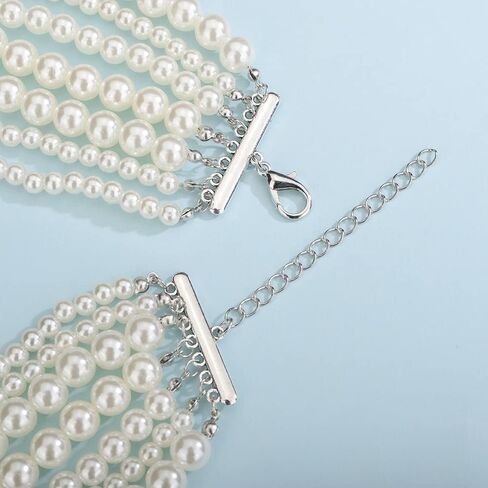 Octwine Boho 7 Layer Pearl Statement Necklace Vintage Pearl Earrings 1920s Pearl Necklace Bridal Wedding Jewelry Shiny Bar Party Prom Accessories for Women and Girls in Kuwait